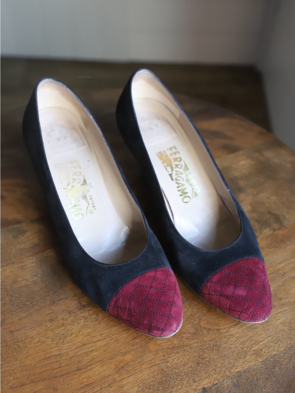 Salvatore Ferragamo Black Suede Pumps with Burgundy Quilted Toe